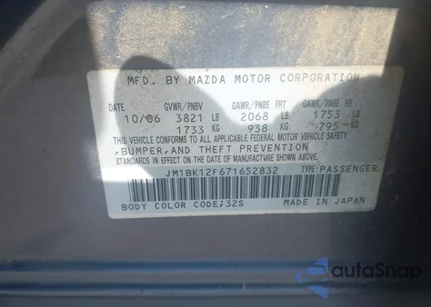 2007 Mazda Mazda3 I from USA, damaged, VIN JM1BK12F671652832